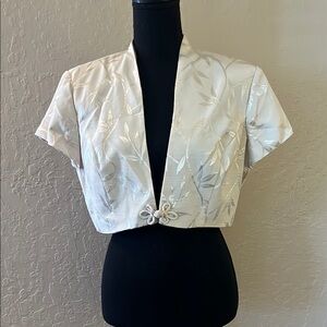 White Embellished Crop‎ Blazer with Mandarin Collar